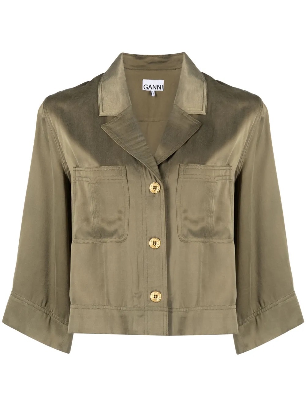 GANNI 
Cropped Satin Shirt | Khaki